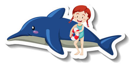 Little girl in swimsuit with inflatable dolphin illustrationのイラスト素材