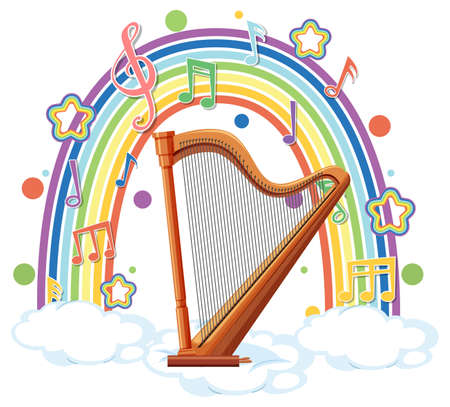 Harp with melody symbols on rainbow illustrationのイラスト素材