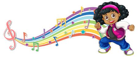 Girl with melody symbols on rainbow wave illustrationのイラスト素材