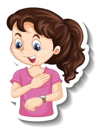 Sticker a girl cartoon character looking at wristwatch  illustrationのイラスト素材