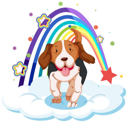Cute dog on the cloud with rainbow illustrationのイラスト素材