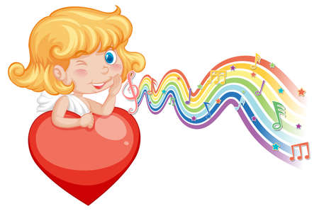 Cupid girl holding heart with melody symbols on rainbow wave illustrationのイラスト素材