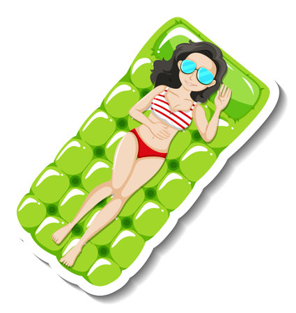 Lady laying on swimming rubber float cartoon sticker illustrationのイラスト素材