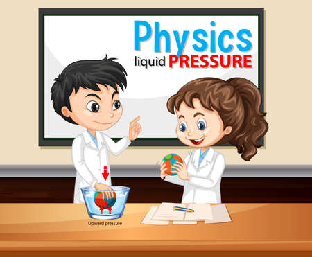 Physics liquid pressure with scientist kids cartoon character illustrationのイラスト素材