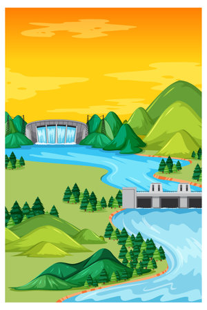 Vertical nature landscape at daytime scene with dam illustrationのイラスト素材