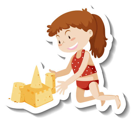 A girl building sand castle cartoon character sticker illustrationのイラスト素材