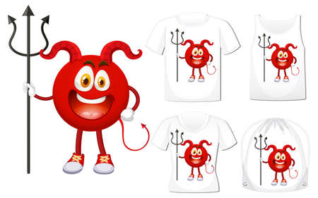 Set of Red Devil cartoon character on different shirt mockup illustrationのイラスト素材