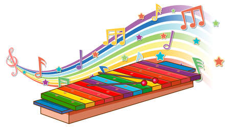 Xylophone with melody symbols on rainbow wave illustrationのイラスト素材