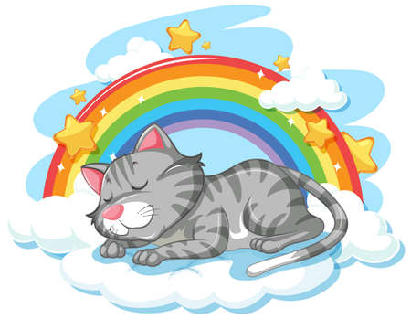 Cute cat sleeping on the cloud with rainbow illustrationのイラスト素材