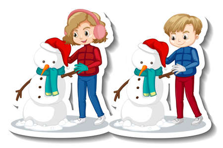 Couple children building snowman cartoon character sticker illustrationのイラスト素材