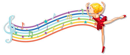 Ballerina with melody symbols on rainbow wave illustrationのイラスト素材