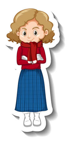 A girl wearing winter clothes cartoon character sticker illustrationのイラスト素材