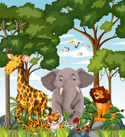 Wild animal cartoon character in the forest scene illustrationのイラスト素材