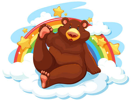 Grizzly bear on the cloud with rainbow illustrationのイラスト素材