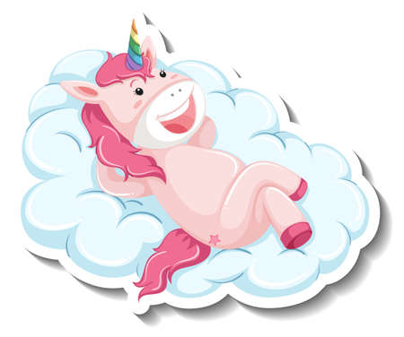 Cute unicorn laying on the cloud on white background illustrationのイラスト素材
