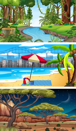 Three different nature horizontal scenes illustrationのイラスト素材
