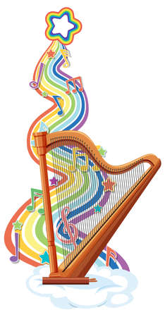 Harp with melody symbols on rainbow wave illustrationのイラスト素材