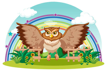 Owl in the garden with rainbow on white background illustrationのイラスト素材