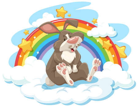 Cute rabbit on the cloud with rainbow illustrationのイラスト素材