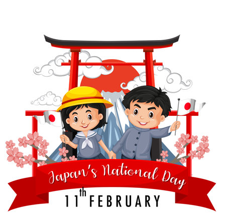 Japan National Day banner with Japanese children cartoon character illustrationのイラスト素材