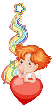 Cupid boy with melody symbols on rainbow wave illustrationのイラスト素材