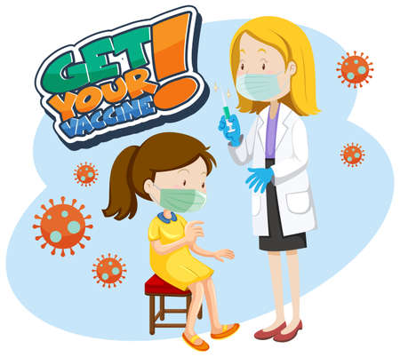 Get Your Vaccine font banner with a girl get covid-19 vaccine shot illustrationのイラスト素材