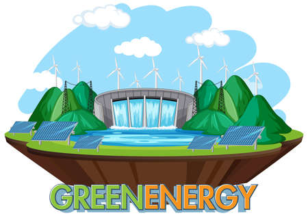 Hydro Power Plants generate electricity with green banner illustrationのイラスト素材