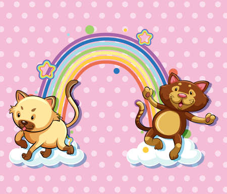 Two cats on the cloud with rainbow on pink polka dot background illustrationのイラスト素材