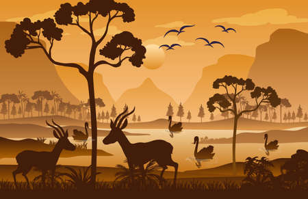 Silhouette forest landscape at sunset illustrationのイラスト素材