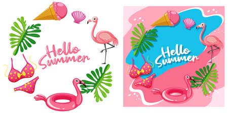 Different Hello Summer banner template in flamingo theme  illustrationのイラスト素材