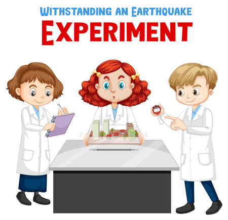 Withstanding earthquake experiment with scientist cartoon character illustrationのイラスト素材