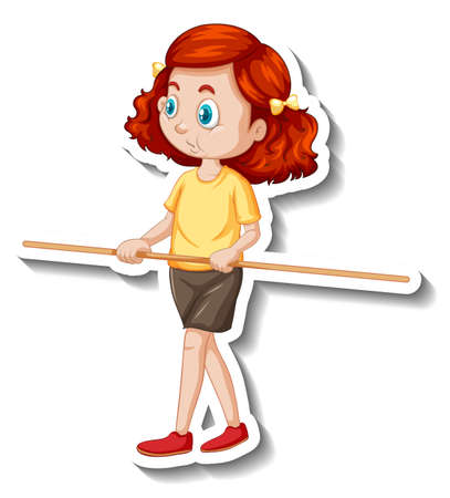Cartoon character sticker with a girl holding wooden stick illustrationのイラスト素材