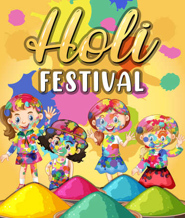 Holi Festival banner with kid characters illustrationのイラスト素材
