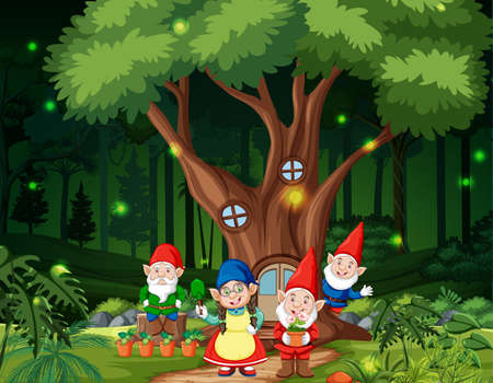 Fantasy forest scene with gnome family illustrationのイラスト素材