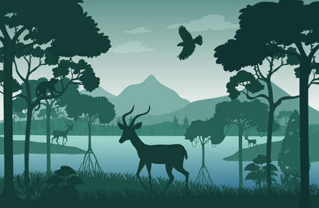Silhouette forest landscape background illustrationのイラスト素材