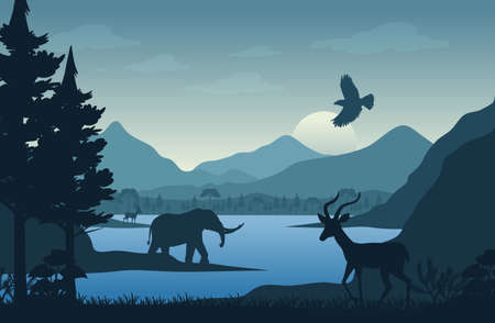 Silhouette forest landscape background illustrationのイラスト素材