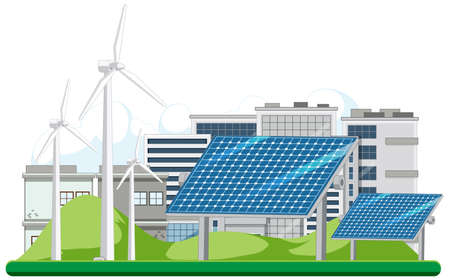 Green energy generated by wind turbine and solar panel illustrationのイラスト素材