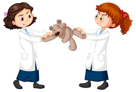 Two scientist girls fighting over a teddybear illustrationのイラスト素材