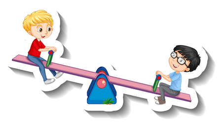 Two boys playing seesaw cartoon sticker illustrationのイラスト素材
