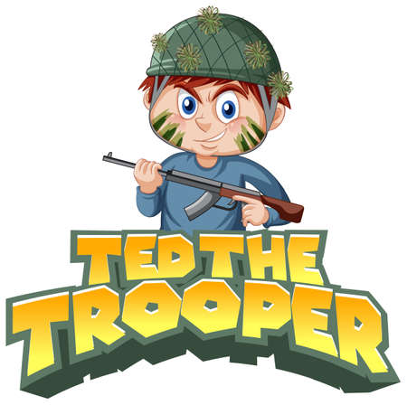 Ted The Trooper logo text design with a boy holding rifle illustrationのイラスト素材