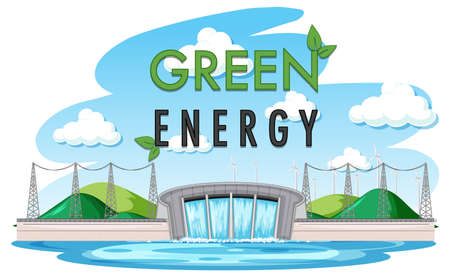 Hydro Power Plants generate electricity with green banner illustrationのイラスト素材