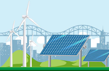 Green energy generated by wind turbine and solar panel illustration