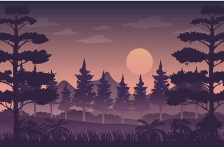 Silhouette twilight forest landscape background illustrationのイラスト素材