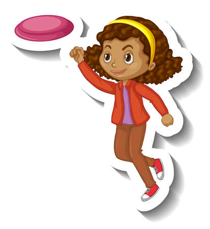 A girl catching plate cartoon character sticker illustrationのイラスト素材