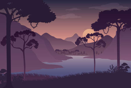 Silhouette twilight forest landscape background illustrationのイラスト素材