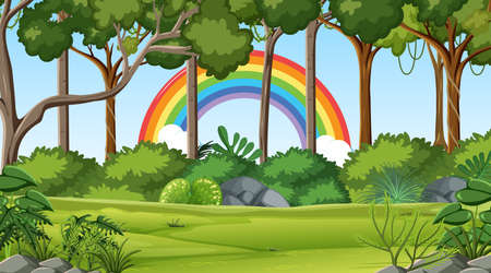 Nature scene background with rainbow in the sky illustrationのイラスト素材