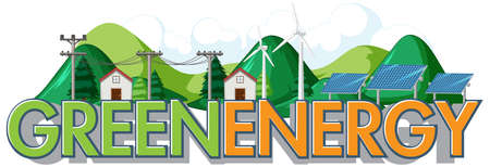 Green energy generated by wind turbine and solar panel illustrationのイラスト素材