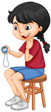 Cute girl sitting on a chair and holding timer illustrationのイラスト素材