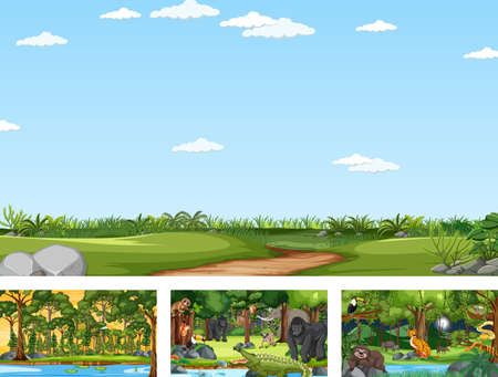 Set of different nature horizontal scene with various wild animals illustrationのイラスト素材