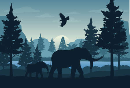 Silhouette forest landscape background illustrationのイラスト素材